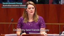 Australian senator Sarah Hanson-Young cries during same-sex marriage debate