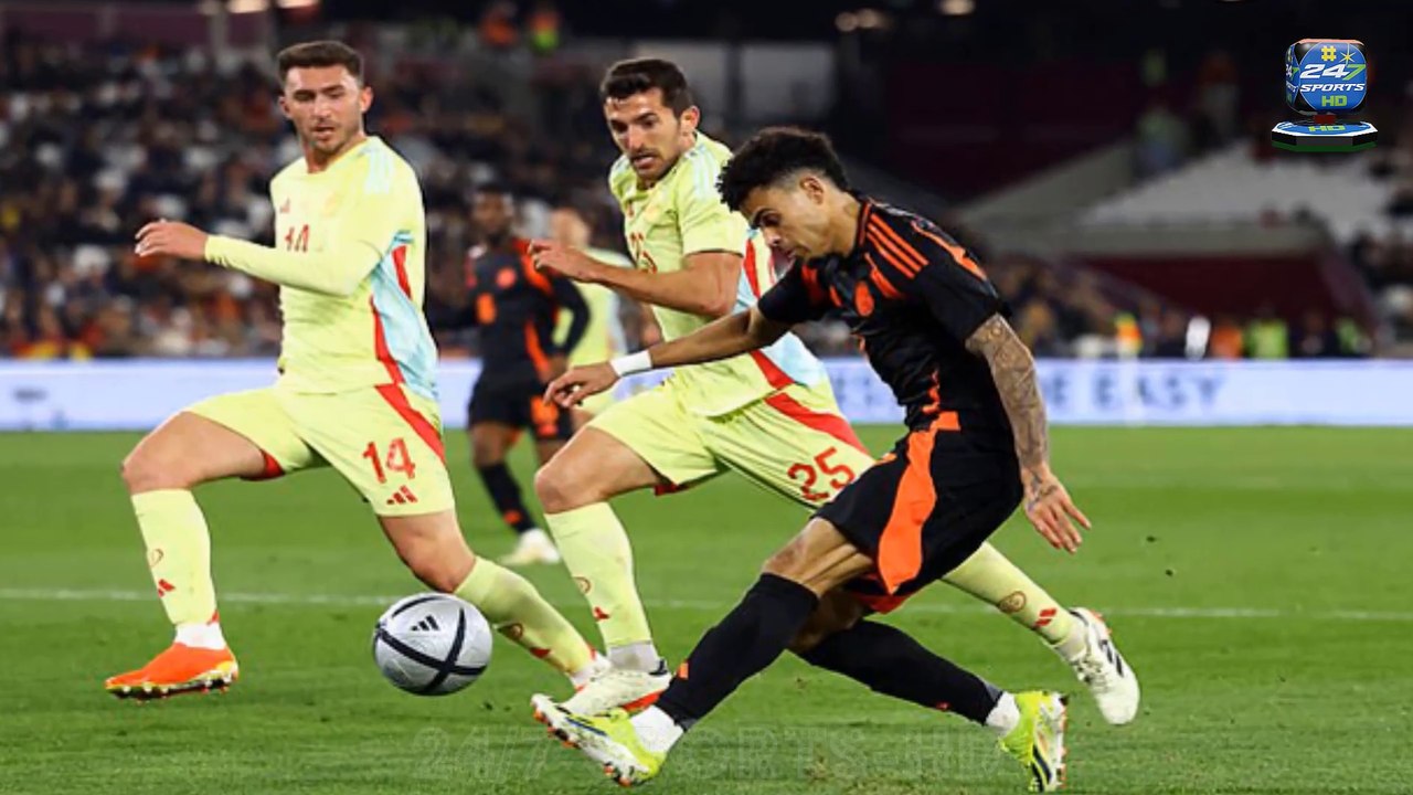 Wild celebrations ensue as Daniel Munoz scores absolute screamer to seal a historic 1-0 victory for Colombia against Spain at the London Stadium