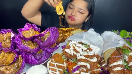 Mukbang Spicy Black Bean Noodles, Spicy Mutton With Purple Cabbage, Kfc chicken wrap, green salad