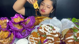 Mukbang Spicy Black Bean Noodles, Spicy Mutton With Purple Cabbage, Kfc chicken wrap, green salad