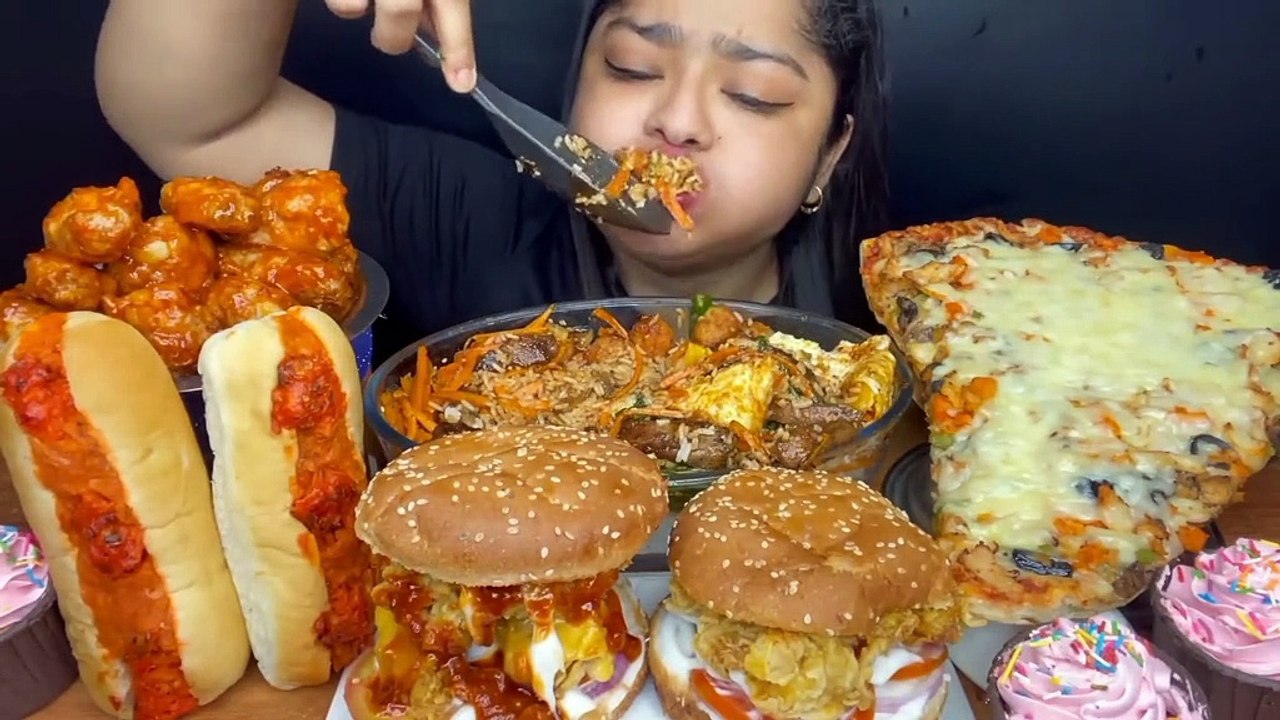 Mukbang Korean Chicken Bibimbap, Cheesy pizza slice, spicy chicken hotdog, chicken burger, strawberry capcakes