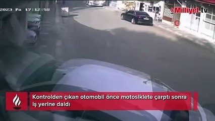 Kontrolden çıkan otomobil önce motosiklete çarptı sonra iş yerine daldı