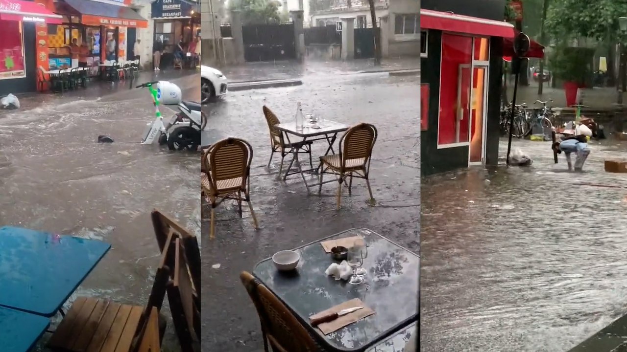 Terrasses et rues inondées : les images impressionnantes de l'orage en Île-de-France