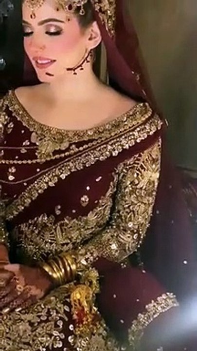 beautiful Pakistani bride -- birdal glowy make-up -- Marron wedding bridal dress