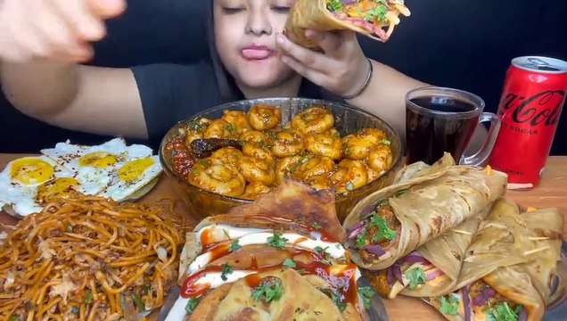 Mukbang spicy potato noodles, Chicken kathi rolls, chicken tacos, noodles and coke