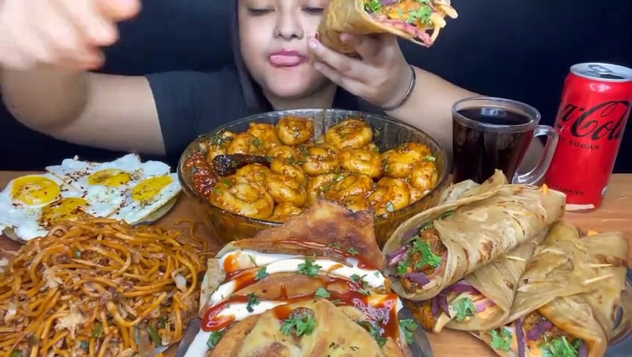 Mukbang spicy potato noodles, Chicken kathi rolls, chicken tacos, noodles and coke