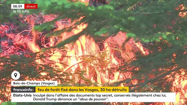 Vosges: Un feu de forêt se poursuit ce matin sur la commune de Bois-de-Champ, où 30 hectares ont déjà brûlé - Les flammes progressent doucement malgré l'action des pompiers - VIDEO