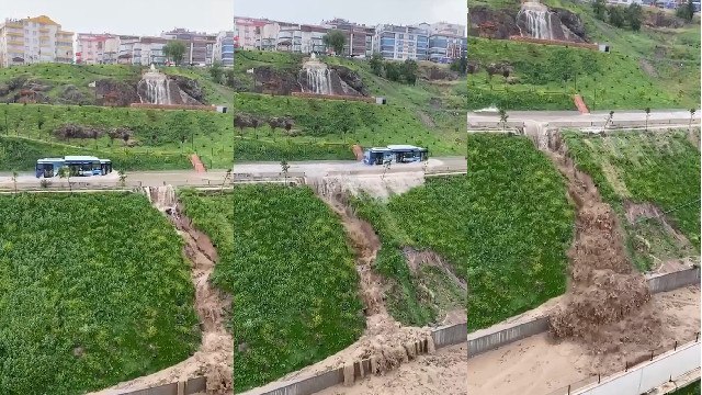 Otobüs göle dönen yoldan geçti, beton bariyeri yıkan su evlere hasar verdi; o anlar kamerada