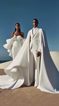 Lo sposo in abito bianco con strascio