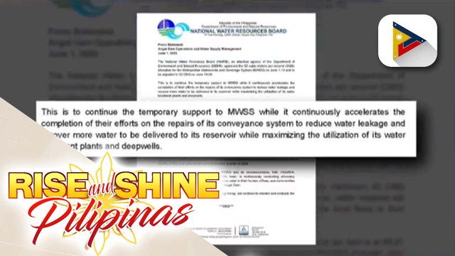 NWRB , inaprubahan ang hiling ng MWSS na palawigin ang 52 cubic meters per second na allocation hanggang katapusan ng Hunyo