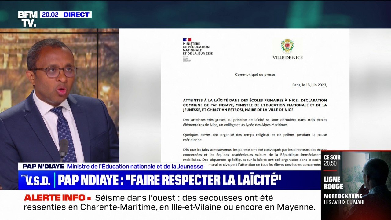 Prières à l'école à Nice: "Les parents ont été convoqués et les élèves rappelés aux obligations relatives à la neutralité religieuse", indique Pap Ndiaye