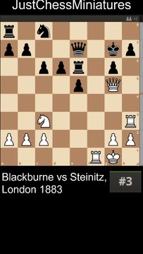 Blackburne sacrificies the Rook and checkmates Steinitz