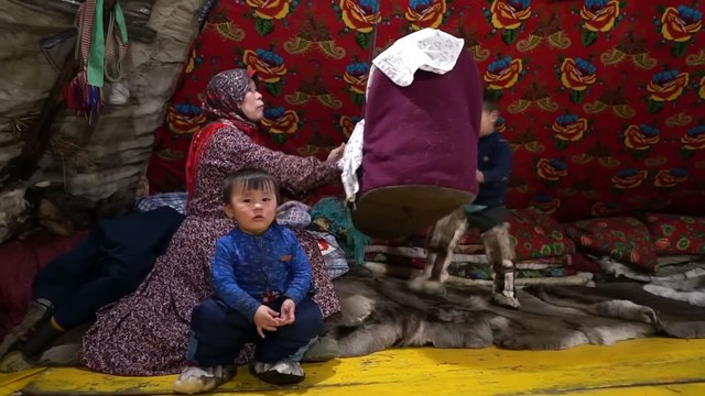 North Nomads life in winter. Ural mountains and tundra life. Russia