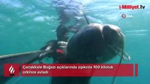 Çanakkale Boğazı açıklarında zıpkınla 100 kiloluk orkinos avladı