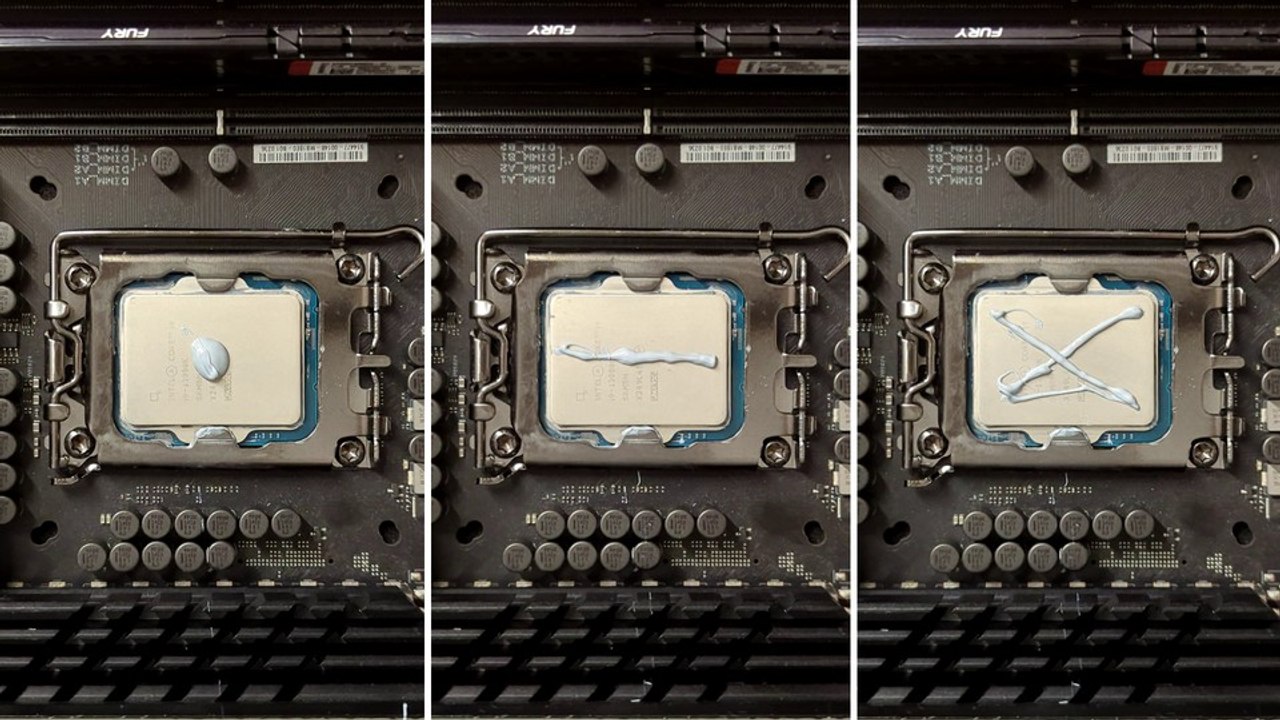 Muster für Wärmeleitpaste im Vergleich: Punkt gegen Strich gegen X