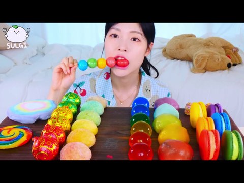 ASMR MUKBANG Rainbow Desserts Ice cream Rice cake, Kyoho Jelly, Macaroon, Chocolate, Cotton candy)