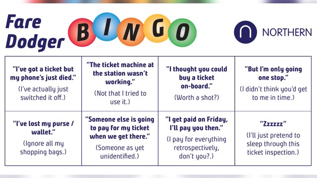 The top excuses people make to avoid paying for rail tickets according to Northern Trains bingo card