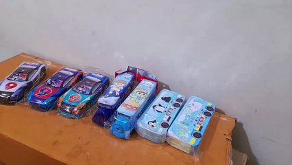Unboxing and Review of car, bus shape Metal Pencil Box - Stationary Pencil Organizer Set for Boys Birthday Return Gift