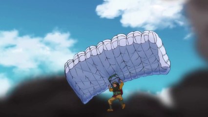 Juuni Taisen - young Hitsuji parachutes off a cliff