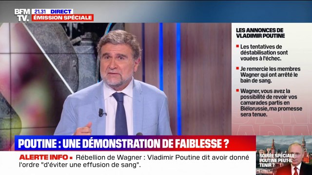 Allocution de Vladimir Poutine: Un discours pour tenter de rassurer les Russes après 48 heures de chaos , pour Ulysse Gosset (éditorialiste politique internationale BFMTV)