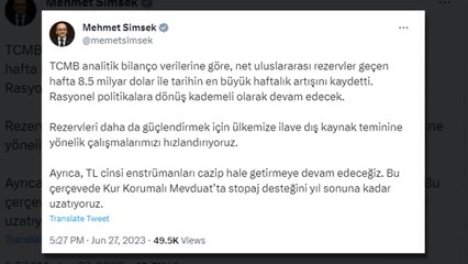 Son Dakika! Bakan Şimşek: Merkez Bankası rezervi, geçen hafta 8.5 milyar dolarla en büyük haftalık artışını yaptI