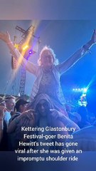 Shoulder ride for Benita Hewitt at Glastonbury 2023 watching Sir Elton John