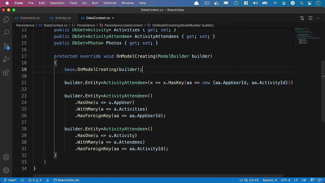 Net. Core and React SignalR - Setting up the comment entity