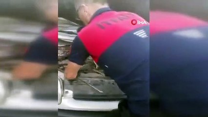 Araca giren yılan güçlükle çıkarıldı