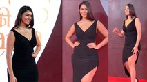 Satya Prem Katha Film Screening : Mrunal Thakur Black Thigh High Slit Hot Dress Look Video Viral