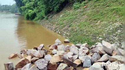 पानी में डूबी टूटी पिचिंग पर काम शुरू , गड्डा भरने डाल रहे पत्थर