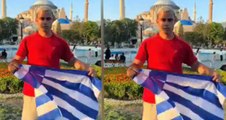 Yunan turist Ayasofya önünde Yunan bayrağı açtı: Bir gün gerçek sahibine dönecek