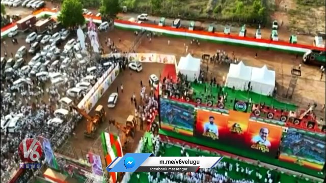 Rahul Gandhi Entry At Congress Jana Garjana Sabha Stage _ Khammam _ V6 News