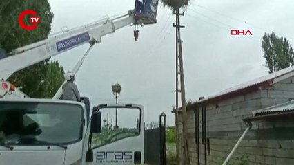 AÇLIKTAN BİTKİN DÜŞEN YAVRU LEYLEK, VİNÇLE KURTARILDI