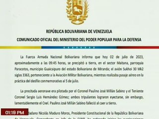 FANB informa el siniestro del avión Sukhoi 30 Mk2 en práctica para el desfile del 5 de Julio