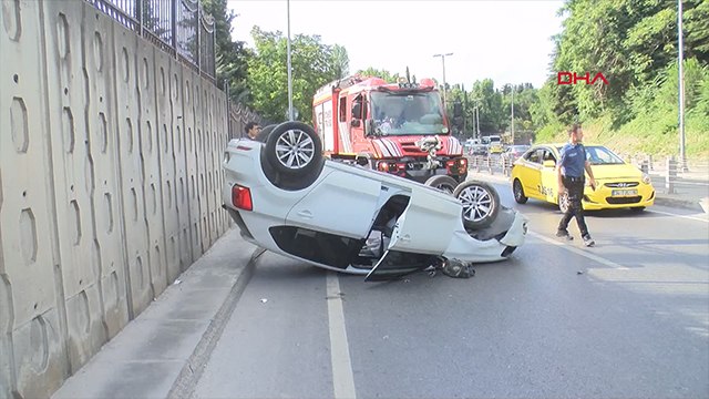 Şişli'de bariyerlere çarpan otomobil takla attı