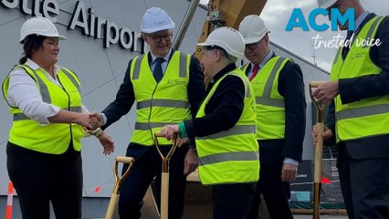 Prime Minister Anthony Albanese turns sod ahead $110m Newcastle Airport expansion