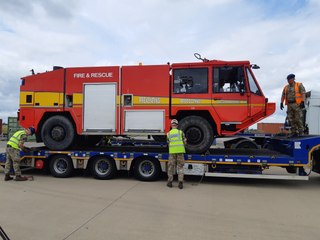 RAF Wittering loading firefighting vehicle for Ukraine