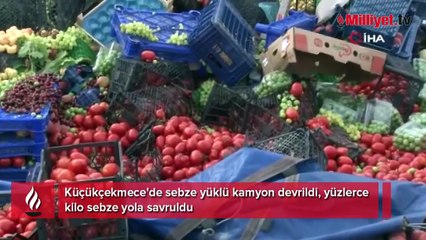 Küçükçekmece'de sebze yüklü kamyon devrildi