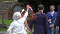 Protester throws confetti over George Osborne and wife moments after getting married