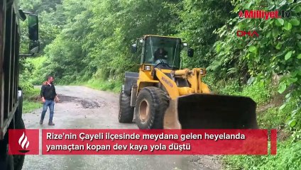Rize'de heyelan paniği! Dev kaya yolu kapattı