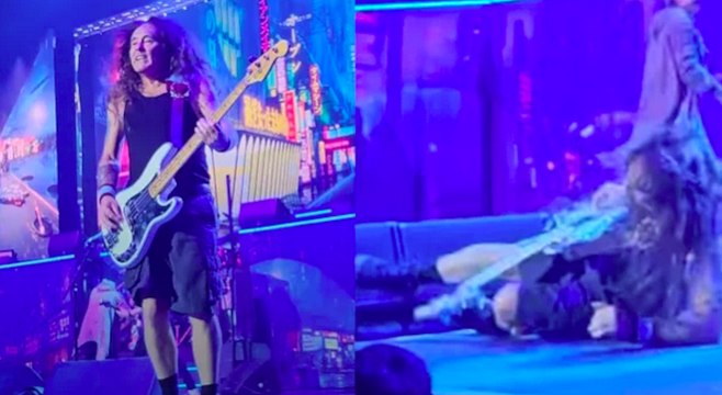Iron Maiden : Steve Harris Falls on Stage during Stranger in a Strange Land in Leeds, England June 28th, 2023