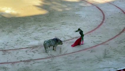Susto y revolcón de Miguel Ángel Perera con un toro jabonero de Fuente Ymbro en San Fermín