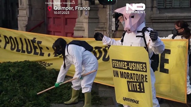 Greenpeace vierte una tonelada de algas verdes frente a la prefectura de Finistère