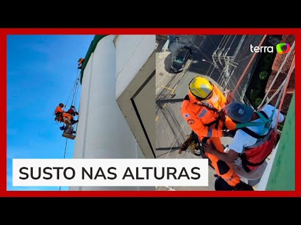 Pintor é resgatado por bombeiros após ficar pendurado no alto de prédio em MG