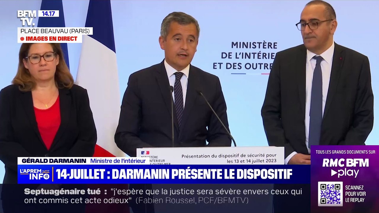 14 juillet -  Le Ministre Gérald Darmanin présente son plan de sécurité renforcé : "130.000 policiers et gendarmes mobilisés ainsi que le GIGN et le RAID - Arrêt des bus et des trams à 22h - Interdiction de manifester en France jusqu'au 15 juillet"