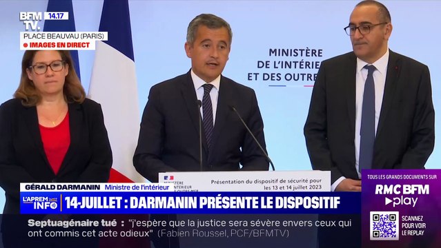 14 juillet - Le Ministre Gérald Darmanin présente son plan de sécurité renforcé : 130.000 policiers et gendarmes mobilisés ainsi que le GIGN et le RAID - Arrêt des bus et des trams à 22h - Interdiction de manifester en France jusqu'au 15 juillet