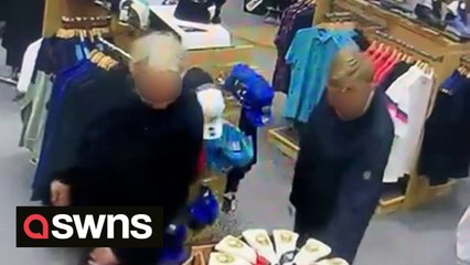 Hilarious CCTV shows man stick golf clubs down his trousers during 'theft'