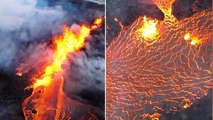 Iceland volcano: Stunning drone footage shows lava bursting through ground after eruption