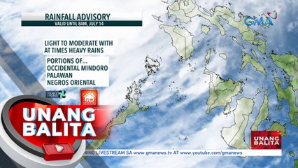 Rainfall advisory, nakataas ngayon sa Occidental Mindoro, Palawan at Negros Oriental; Pag-uulan, epekto ng Bagyong #DodongPH at ng hanging Habagat - Weather update today as of 7:13 a.m. (July 14, 2023)| UB