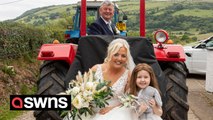 Bride arrives at wedding - on tractor